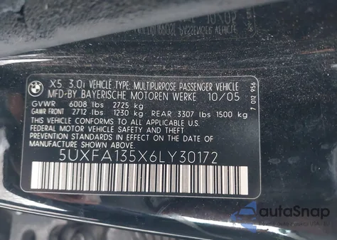 2006 BMW X5 3.0I z USA, uszkodzony, nr VIN 5UXFA135X6LY30172